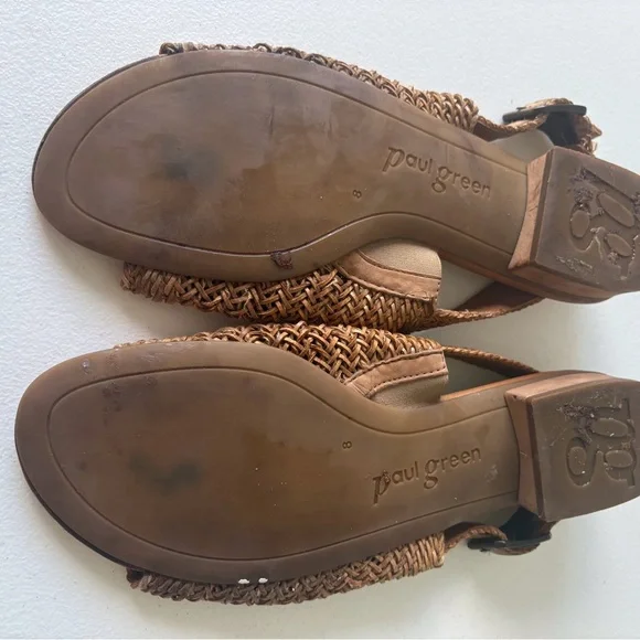 Paul‎ Green Helena Women Size 8 Woven Leather Tan Sandals Slingback Heel Boho - Picture 11 of 15